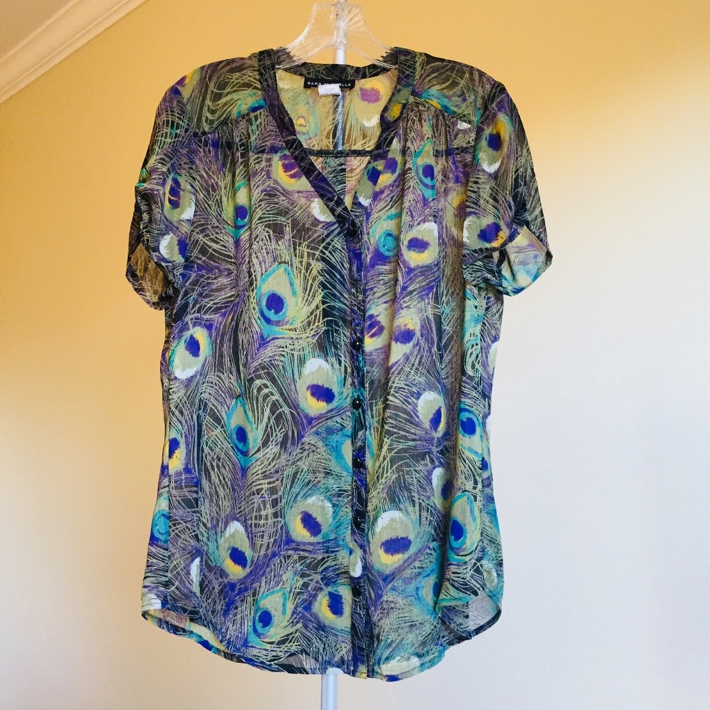 Peacock Print Sheer Button-Down Blouse